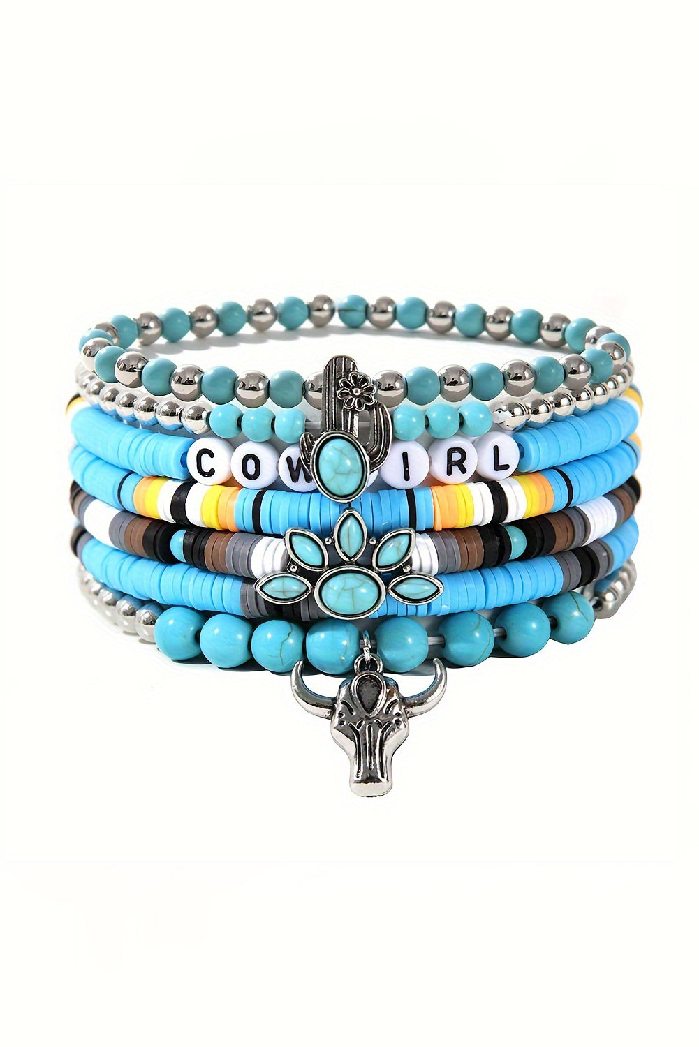 Light Blue 7pcs Boho Turquoise Beaded Bracelet Set 