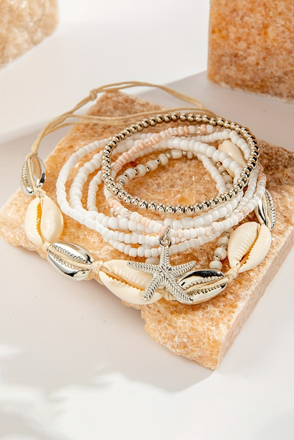 White 7pcs Starfish Seashell Beaded Bracelet Set 