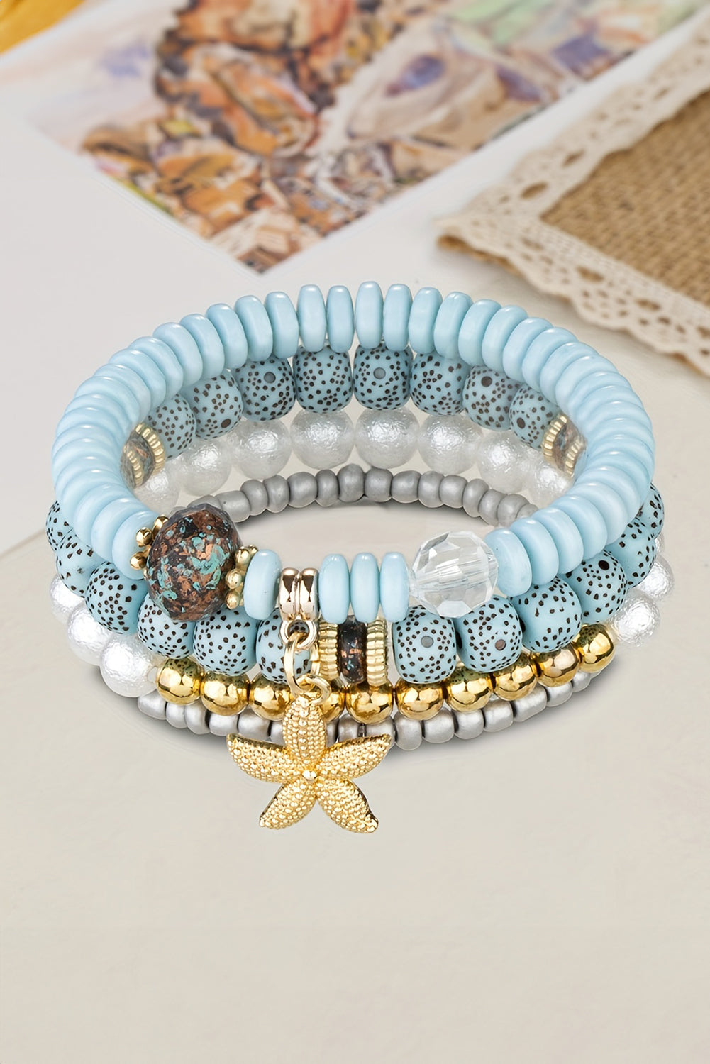 Light Blue 4pcs Starfish Pendant Beaded Bracelet Set 