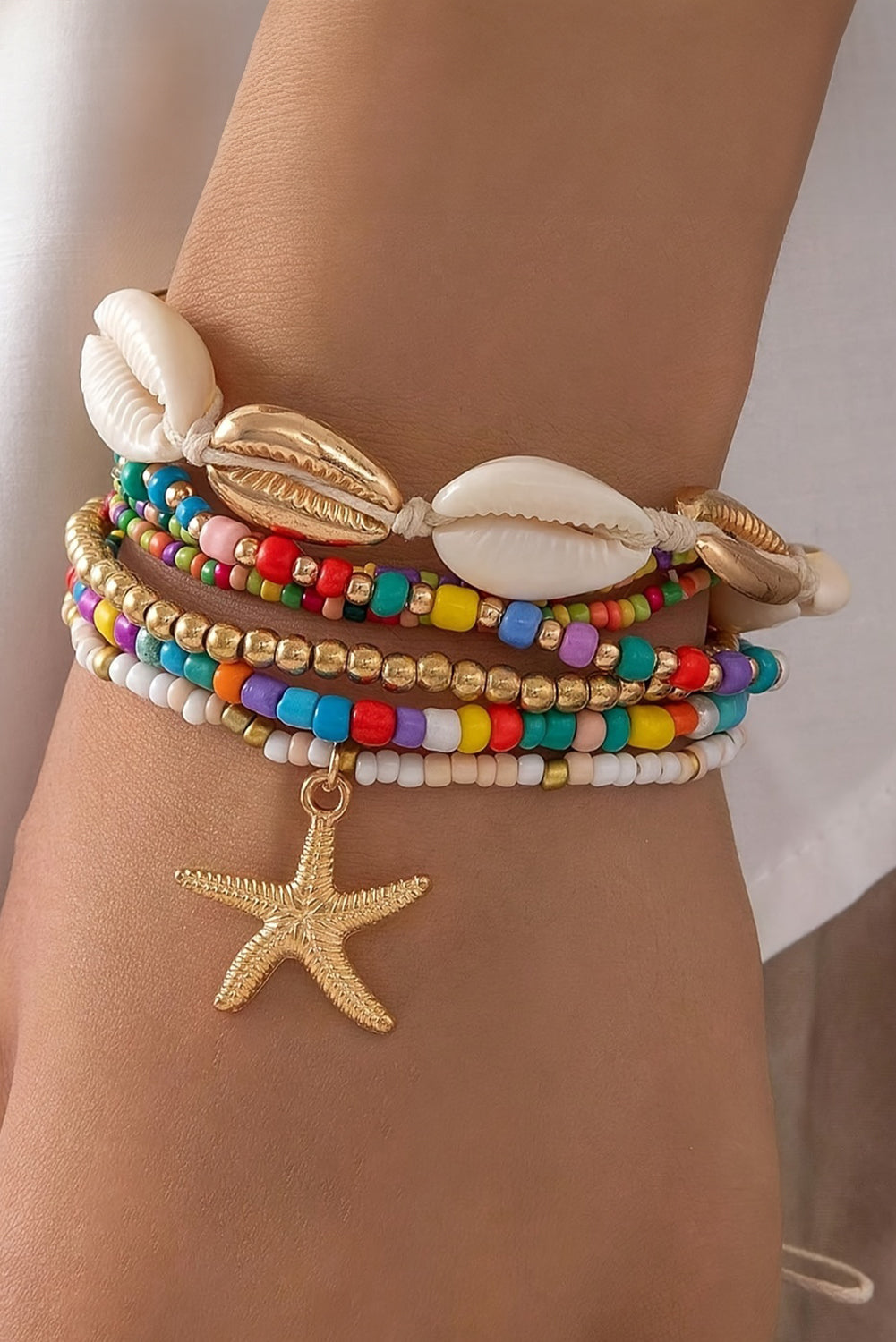 White 7pcs Starfish Seashell Beaded Bracelet Set 