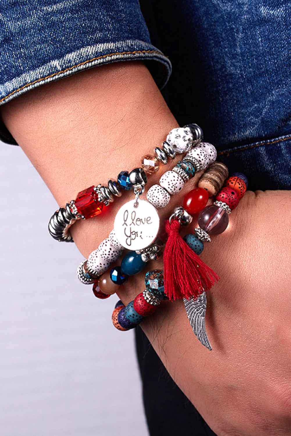 Fiery Red 4pcs Wing Shape Tassel Pendant Beaded Bracelet Set 