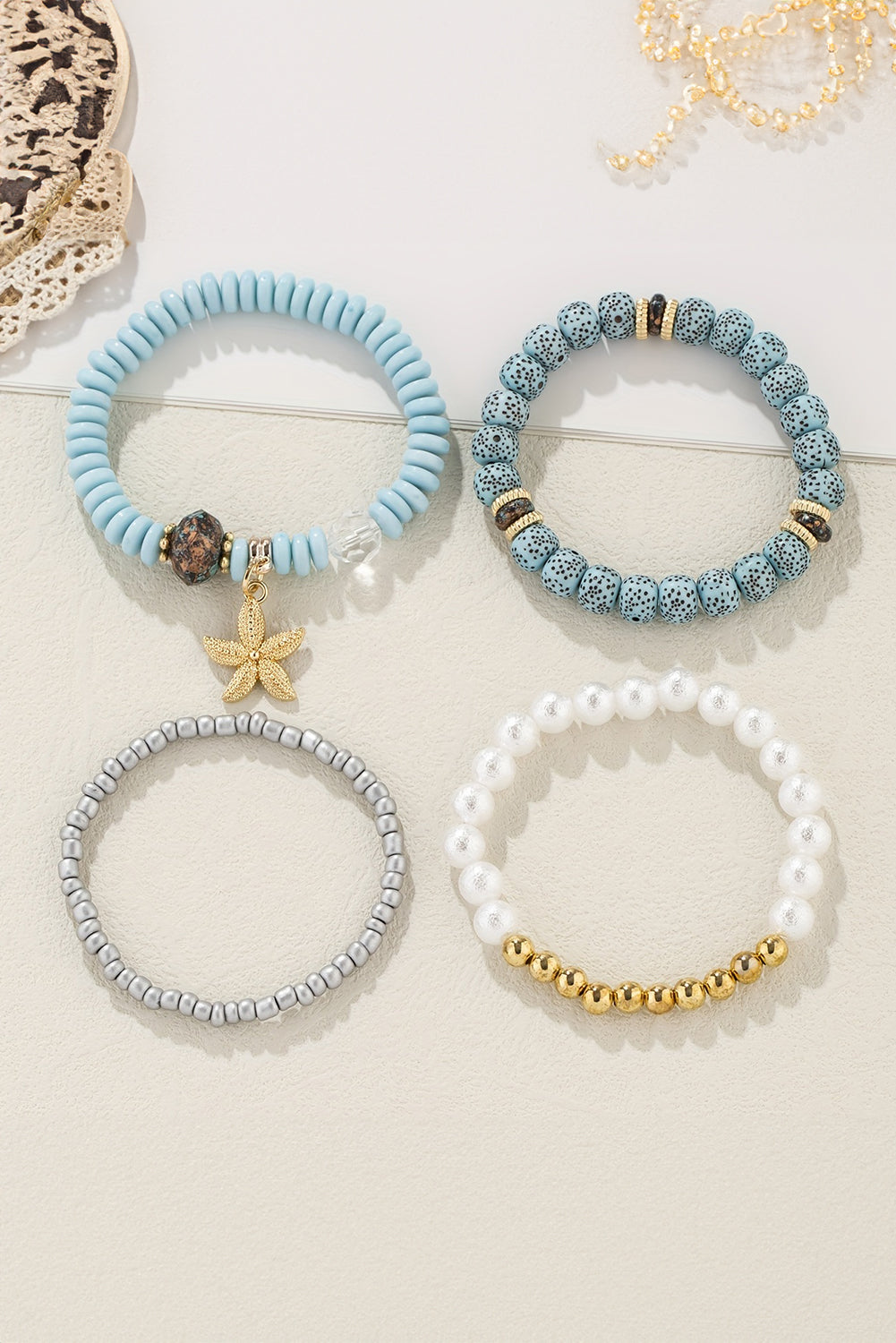 Light Blue 4pcs Starfish Pendant Beaded Bracelet Set 