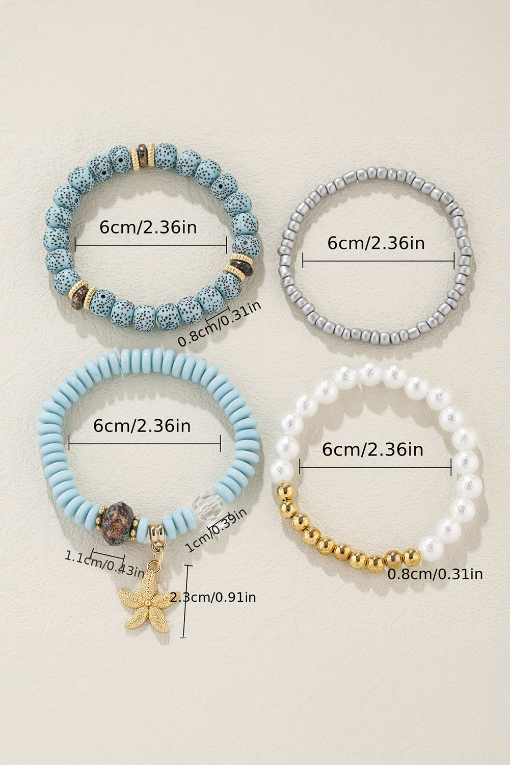 Light Blue 4pcs Starfish Pendant Beaded Bracelet Set 