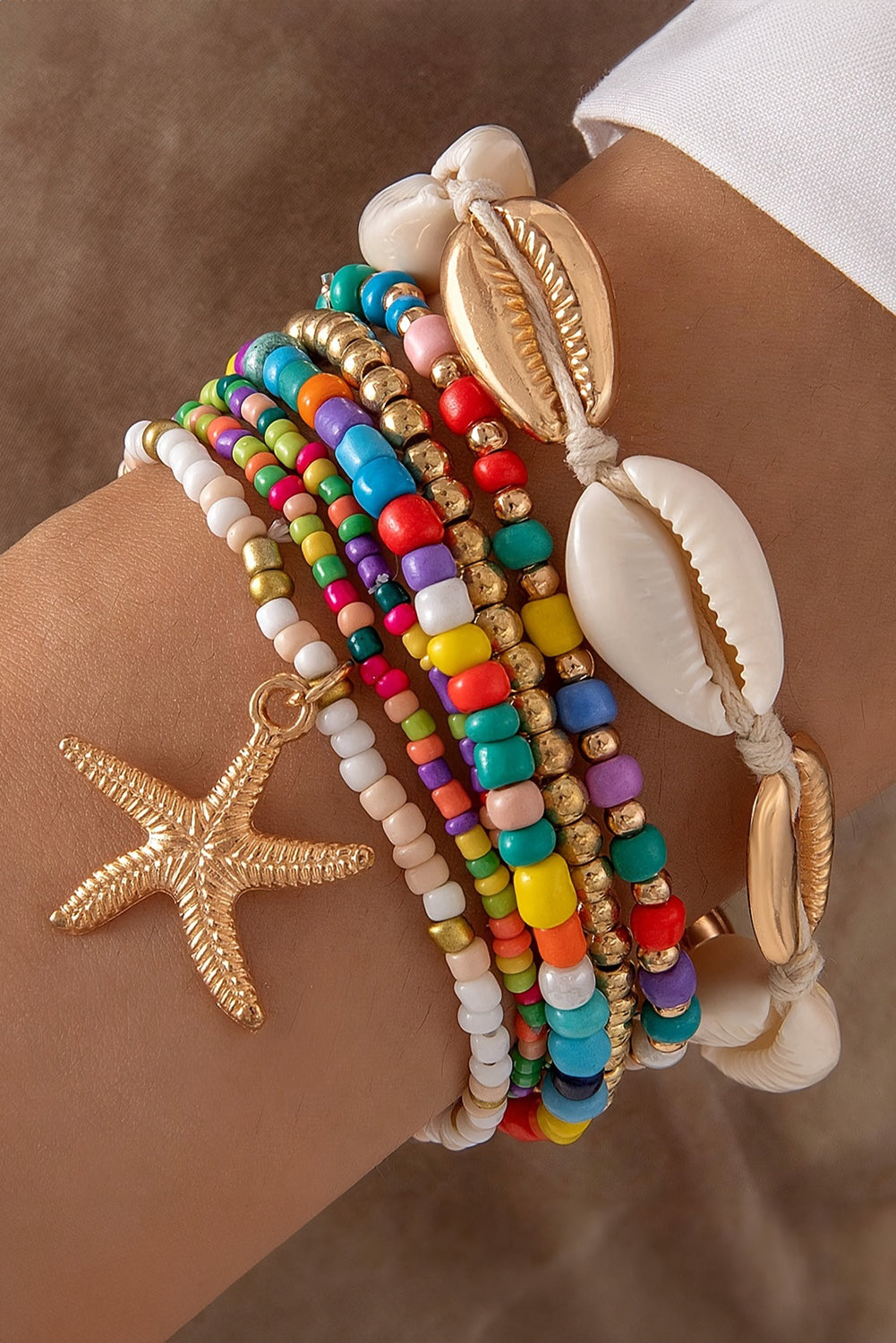 White 7pcs Starfish Seashell Beaded Bracelet Set 