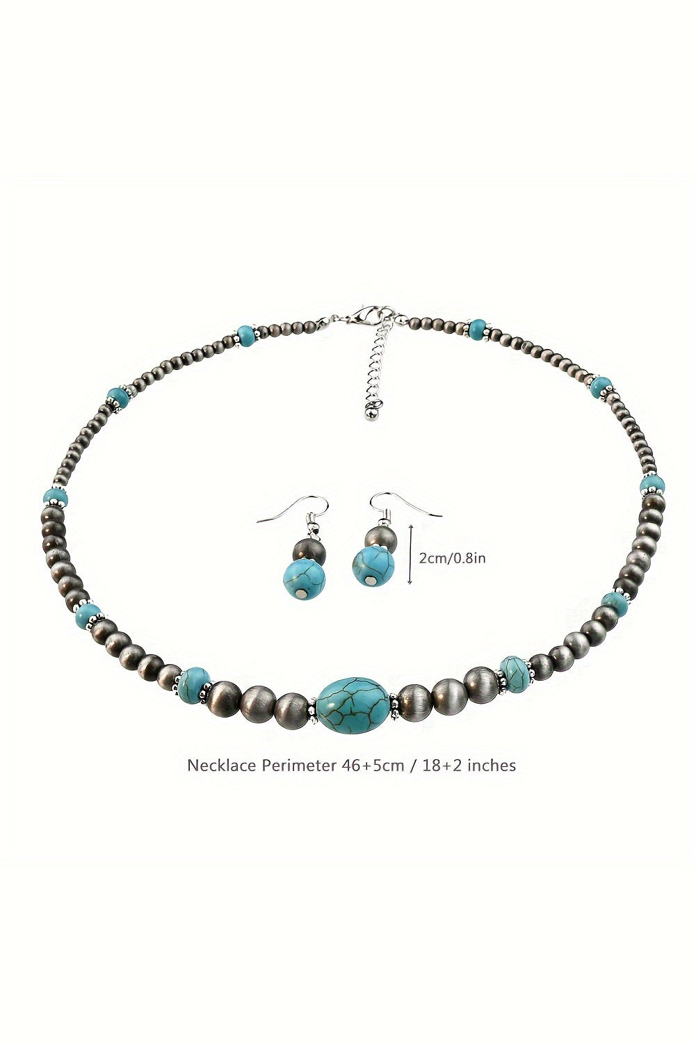 Silvery Western Turquoise Beaded Necklace and Earring Set 